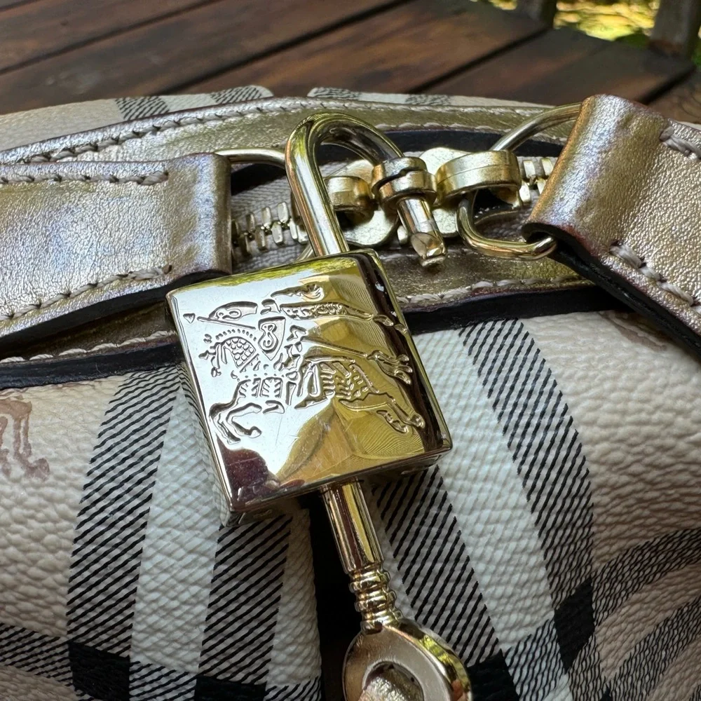 Burberry Haymarket Check Pattern Metallic Handle Thornley Satchel Bowling Bag - Picture 16 of 16